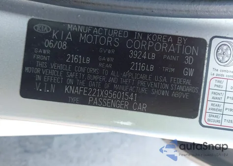 2009 Kia Spectra Ex z USA, uszkodzony, nr VIN KNAFE221X95601541